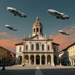 piazza martiri in the city of rivoli in italy, alien spaceships in the sky, in the style of blade runner, cinematic, sharp focus, matte painting, variation in the composition, asymmetric, artstation