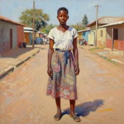yolandi visser from die antwoord standing in a township street, full figure portrait painting by martine johanna, pastel color palette