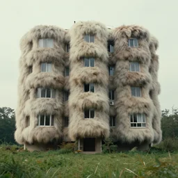 a strange huge fluffy furry apartment building sits on the grass, film still from the movie directed by denis villeneuve with art direction by zdzisław beksinski, close up, telephoto lens, shallow depth of field