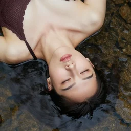 close up of face of fashion model floating in water of a stream, top view, highly detailed