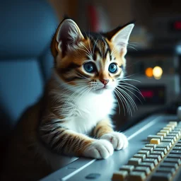 film still of a kitten working for mission control at nasa, 8 k