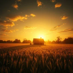 my dream of lonely suburban house in a grain field, golden hour, uncanny, overly happy, harsh lighting