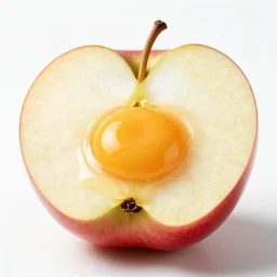 photo of half of an apple with a egg yolk inside, professional food photography, studio lighting