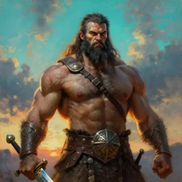 muscular sonic as barbarian hunter  with chest armor and shiny sword , full human hairy body , backlight  body , extreme very textured detailed panoramic portrait oil painting by rembrandt, sunset, dramatic clouds and cyan atmosphere