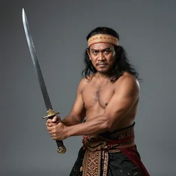 a medium shot, studio photographic portrait of gatot kaca by David Silis, wielding a kris sword,javanese mythology,concept art,realistic,photorealistic,8k