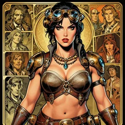 a detailed portrait illustration of a steampunk sorceress - athlete. beautiful hispanic female face, provocative expression. muscular, fat. art nouveau, pop art, comic book style. influenced by neil gaiman, karol bak, dan mumford, brian froud, vadim voitekhovitch, android jones, ross tran.
