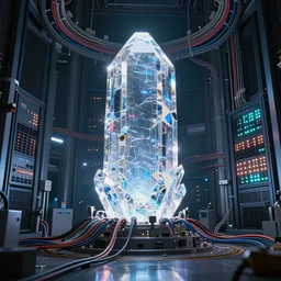 giant energy growing crystal in power reactor, many cables, blinking lights, servers Photorealistic, glowing raytracing, reflection, 4k