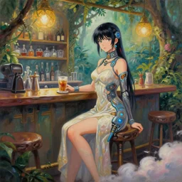 aztec scifi barista in a cloud forest cafe, wearing a lovely dress with cyberpunk elements. this oil painting by the award - winning mangaka has an interesting color scheme and impeccable lighting.