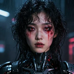 facial portrait of a korean retro future android with dark smeared makeup, wet curly hair, red tears, facial scars, a dark cyberpunk background, lens flare, rain, deep focus, d & d, intricate, elegant, highly detailed, photo, artstation, blade runner, 8 k, sharp focus, octane, unreal engine 5, global illumination, radiant