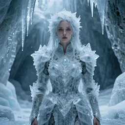 full shot of a regal brown woman wearing an intricate and detailed armor made of many layers of ice. no makeup!! freckles!! stalactite hair. haunting eyes. vulnerable. fragile. ethereal. elaborate. ice caves. glaciers. refracted light. extremely soft lighting. textures. delicate. translucent. by ray caesar. by louise dahl - wolfe. by andrea kowsch