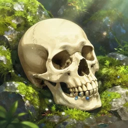 character concept of a detailed skull laying on rocks, mossy, sunbeams, natural lighting. vibrant colors, soft lighting, 8 k, octane render. by makoto shinkai, stanley artgerm lau, wlop, rossdraws, james jean, andrei riabovitchev, marc simonetti, krenz cushart, sakimichan, d & d trending on artstation, digital art.