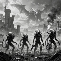 4 prometheus movie monsters, 6 xenomorphs, highly detailed background, black and white, unkown city, haze, landscape, 3 castles, 4 k, photograph, tentacles, chainsaw, wings, leviathan, distant mountains, clouds melting, fire and smoke