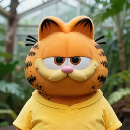 portrait photograph of an extremely beautiful!!!! young garfield , symmetric face!, symmetric round detailed eyes!!, slight smile, natural light, wearing a yellow shirt!! in a tropical greenhouse!!. looking at the camera!!. super resolution. Extremely detailed. Graflex camera!, bokeh!!!!! trending on artstation.