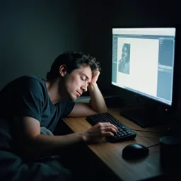 a sleep deprived man addicted to his computer staring at the bright monitor as he generates just 1 more AI image at 4am, fatigue, film still, cinestill 800t