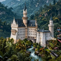 of a beautiful Hyperrealistic grande castle surrounded by a stream and dark jungle, macro lens, highly detailed, digital painting, trending artstation, concept art, illustration, cinematic lighting, vibrant colors, photorealism, epic, octane render
