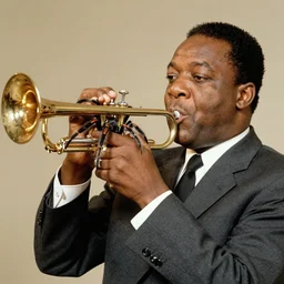 louis armstrong holding a big hairy spider to his lips like a trumpet