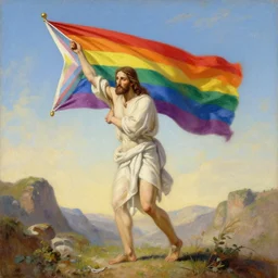 realistic old painting of jesus christ moving a rainbow flag