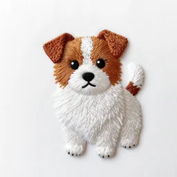 a tiny beautiful handmade embroidery of a cute long haired jack russell terrier puppy, white with brown spots and patches over both eyes. hand embroidery.