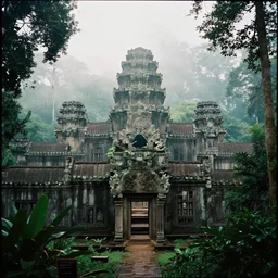 ancient jungle city, volumetric light, foggy, moody, kodak photography