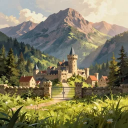 digital painting of a small castle town closed off by large metal gate, border, behind a forest, large mountains in back, concept art, low angle, high detail, warm lighting, volumetric, godrays, vivid, beautiful, trending on artstation, by Jordan grimmer, no focus, huge scene, grass