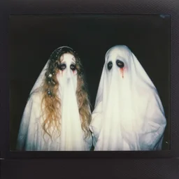 an instant photo of two handsome but sinister ghosts in layers of fear, with haunted eyes and tangled hair, 1 9 7 0 s, seventies, delicate embellishments, a little blood, crimson, painterly, offset printing technique, mary jane ansell