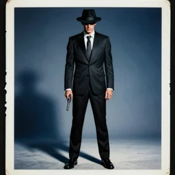 a tall and mysterious man in black suit and black fedora hat and black shoes, he has a pistol!!, mysterious, 4 k, highly detailed, digital art, strong shadows, high contrast, epic scene, atmospheric, blue colours, old photo