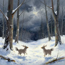 lush chia pet frolicking in snowy woods, stormy skies. russian fairytale art, gouache, dynamic composition, backlighting