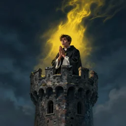 Digital portrait of a catholic priest in his twenties fervently praying at the top of a medieval tower. He is looking terrified as a yellow shadow descends upon him from the night sky. Dramatic lighting. Award-winning digital art, trending on ArtStation