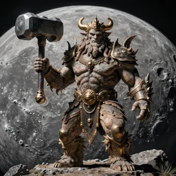 cyclope humanoid with godlike powers and huge hammer, unreal engine, cinematography, highly detailed, serious, picture from the moon, concept art, artstation