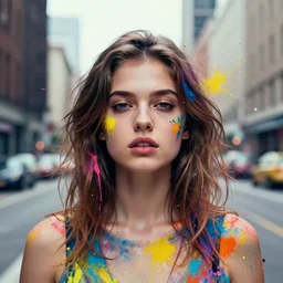 portrait of a beautiful girl, city in the background, beautiful face, rule of thirds, face symmetry, colourful spray paint splatters, expressive, passionate, by greg rutkowski, by jeremy mann, by francoise nielly, 4 k, 8 k, correct body proportion, cinematic style