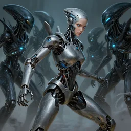 a cyborg who is part human and part machine, metal arm and leg, face is half metal, robotic eye, fighting against a group of aliens, intricate, glowing lights, highly detailed, digital painting, artstation, concept art, smooth, sharp focus, illustration, art by artgerm and greg rutkowski, artey freytag