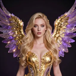 portrait of cute blonde woman with gold and purple wings, glowing detail, by greg rutkowski, by anton fadeev, by rhads, 4 k