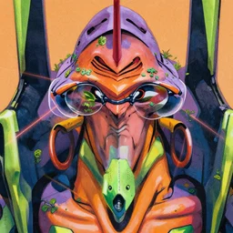 risograph grainy painting of gigantic huge evangelion - like antagonist face, matte colors, with huge earrings and glasses with a lot of details and lasers, covered with plants, by moebius and dirk dzimirsky and satisho kon, close - up wide portrait