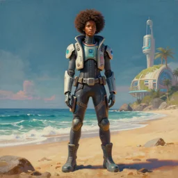 a painting of a person standing on a beach, cyberpunk art by mike beeple winkelmann, trending on cgsociety, afrofuturism, reimagined by industrial light and magic, concept art, official art, blender 3 d, trending on cgsociety, 3 d render, rendered in octane