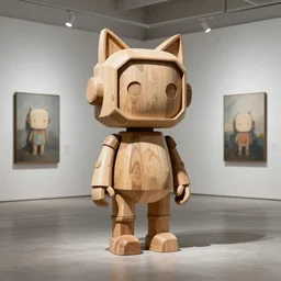 8k octae render photo ,a wooden sculpture artoys on feet minimalist ,very cute robot zen with cat ears ,cyberpunk ,brutalist ,a contemporary art gallery , art by Enki bilal