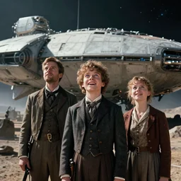 extra sharp, detailed, from a blockbuster sci fi 8 k color movie still, set in 1 8 6 0, family standing in front of a crashed spaceship, on alien planet, looking happy, wearing 1 8 5 0 s era clothes, atmospheric lighting, in focus, reflective eyes, 3 5 mm macro lens, live action, nice composition, good photography, clear facial details