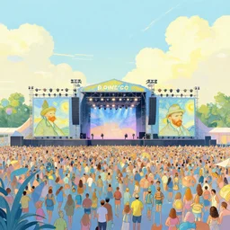 summer party rave gigantic stage and thousands of party people beautiful picture and scenery, pastel shades of blue and yellow, official fanart behance hd artstation by greg rutkowski, by jeremy mann, by francoise nielly, by van gogh