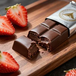 A fancy chocolate bar with a piece broken off, on an opened silver wrapper, next to sliced strawberries, on a wooden tray, macro lens product photo