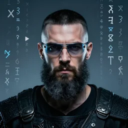 portrait of viking in cyberpunk glasses, full beard, black short hair, some gray hair, fashion editorial photography, symmetrical portrait, super detailed, numbers, mathematic symbols and runes floating,