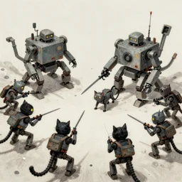 cat army fighting robots, style of simon stalenhag