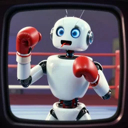 a robot excitedly narrating a boxing match, spit and wide eyes, 9 0 s tv show