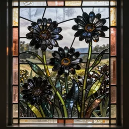 stained glass window depicting black daisies