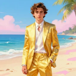 :very detailed:masterpiece:digital:Timothee Chalamet:golden suit:featured in artstation+digitally painted by WLOP:yellow+blue+pink:⭐:beach+sunny day-H 1000