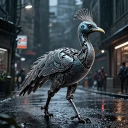 cybernetic cassowary! walking down the streets on a rainy night, non - humanoid, bird, cyberpunk, post - apocalyptic, realistic, highly detailed, inspired by blade runner, masterpiece, dark, grim, trending on artstation, award winning, lineart, digital art, illustration