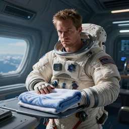 digital art hyperrealistic Arthur never forget his towel on board of probability spaceship n=9