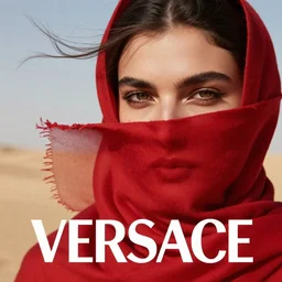 close up of face of fashion model face covered by a red scarf blowing in the wind in the desert, by john rankin waddell, official versace editorial