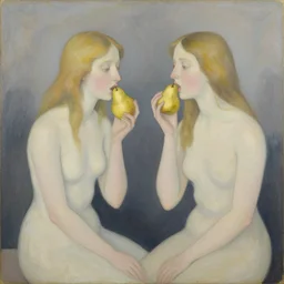 abstract figurative art, leonora carrington style, lovers eat pears, dreamy, muted, pastel colors