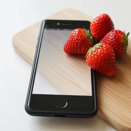 mobile photo of few strawberries lie on a cutting board on the table, android cameraphone, 2 6 mm
