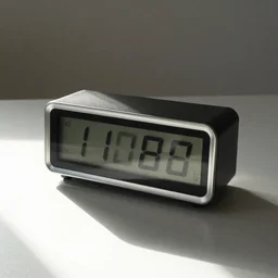old digital clock on the table, morning light, something strange