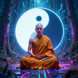 monk meditating in a neon lit ying yang, cyber punk forest, interconnected woven circuitry and cables, ornate details, stefan gesel, yoshitaka amano, alphonse mucha